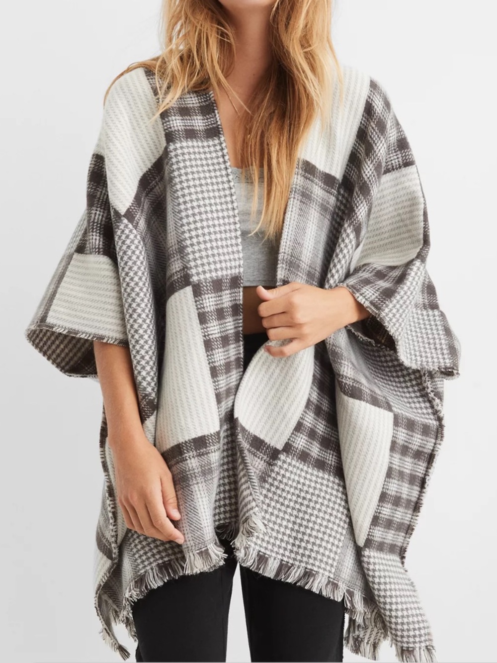 Aerie Gray/White Patchwork Poncho OS